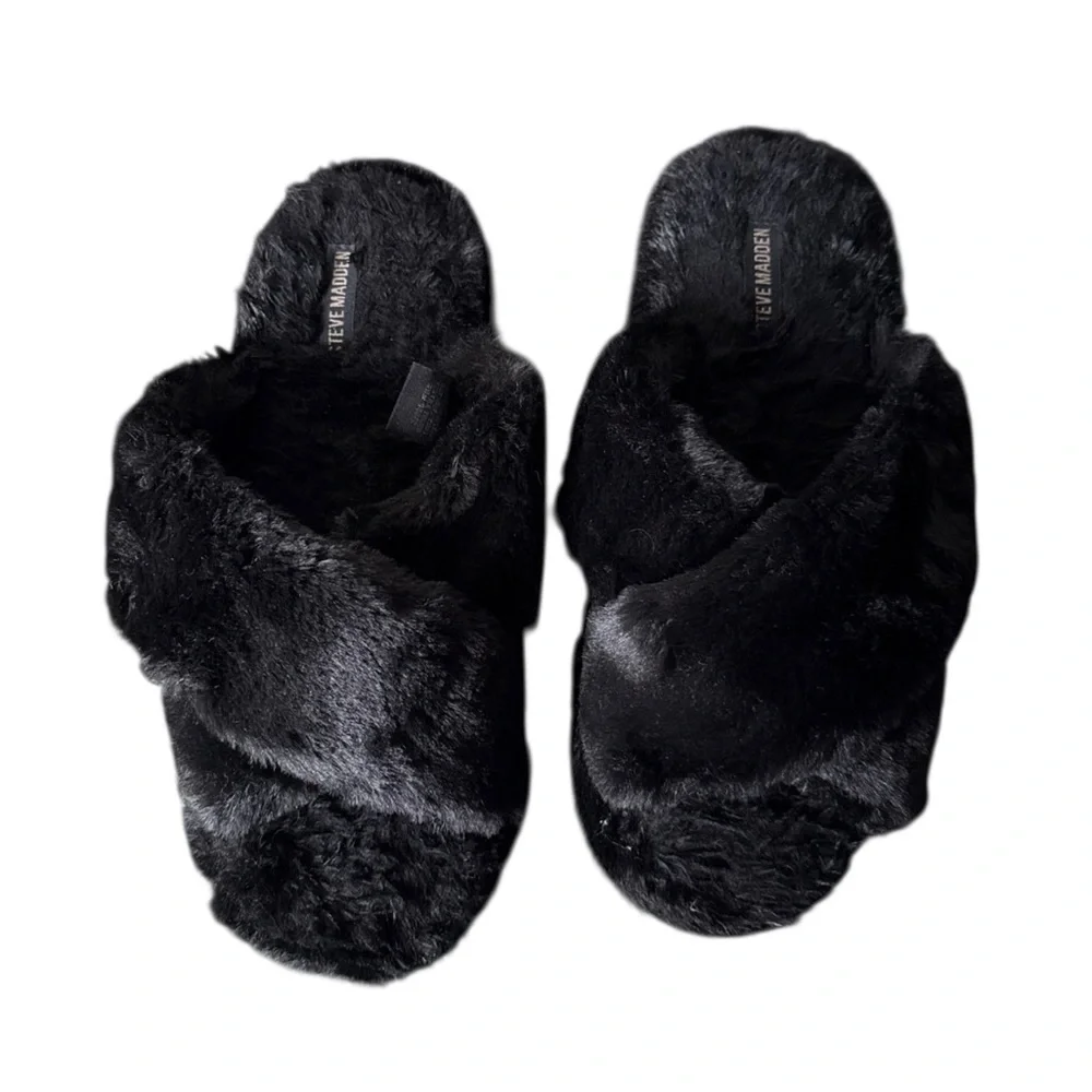 Steve Madden Women's Faux Fur Criss Cross Comfy Slippers Size Largest Black - Picture 6 of 7